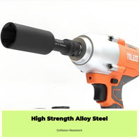power outlet, 1/2" drive, extended length hex socket, thin wall, suitable for air powered wrenches, auto repair, sturdy duty.