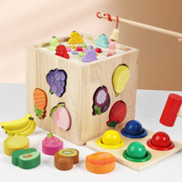 Hand-Eye Coordination 4 in 1 Toy Set Fine Dexterity Skills Wooden Activity Box Educational Fishing Game Paint for Preschoolers, Preschool