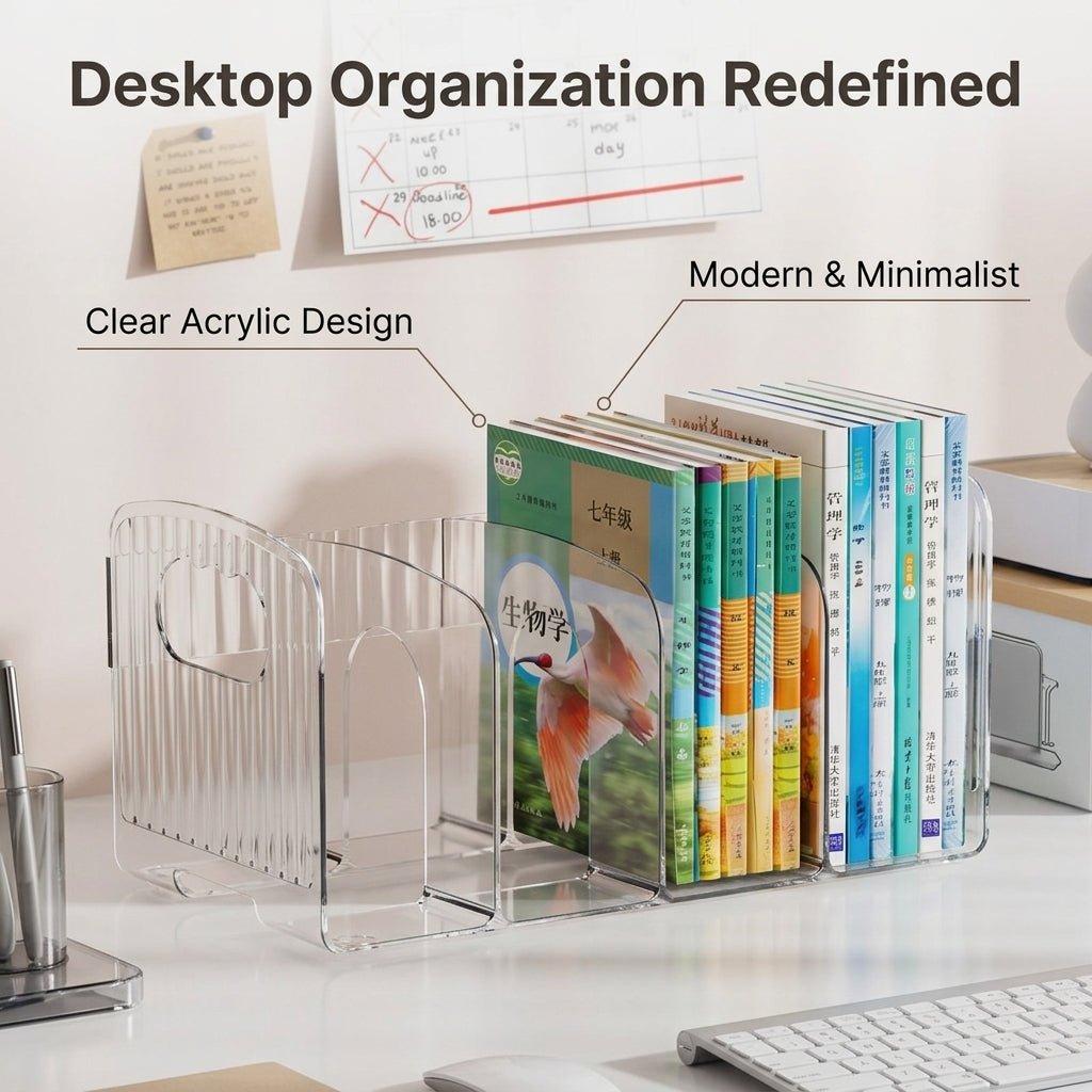 Clear Acrylic Book Stand with Pen Holder, Desktop Organizer for Students, Large Thickened Desk Storage, Multi Compartment File