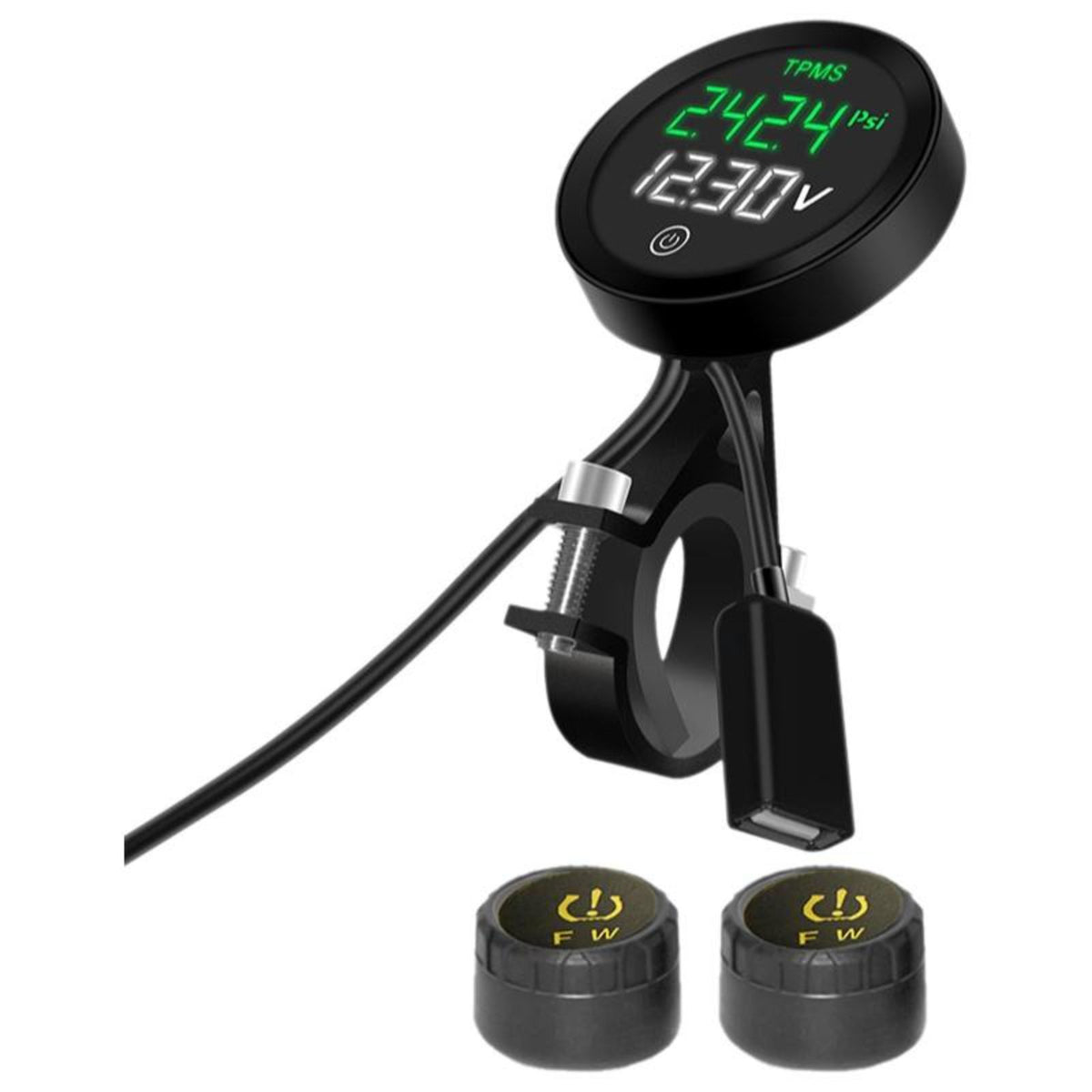 Motorcycle Tire Pressure Tracking System, cordless TPMS, instant pressure & temperature display, universal port charging, alarm modes