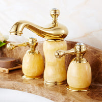 European-Style Three-Hole Basin Faucet with Natural Jade, Brass, Antique Finish