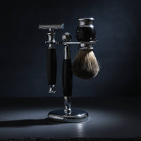 Shaving Set with Stand Chrome-Finished Shaving Implement and Brush Set Manual Shaving Kit with Brush for Men, Washroom, Travel