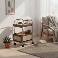 Portable Shelf Unit With Wheels 2 Tier Rolling Cart Removable Tray Wooden Serving Cart for Living Room