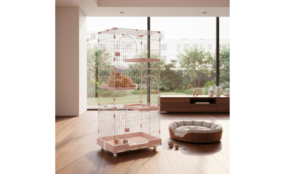 Easy to Clean Multi-Level Cat Enclosure with Wheels Cat Villa Enclosure Slide-out Tray Pet Supplies for Indoor