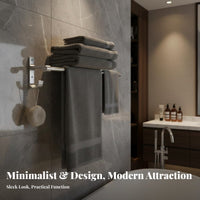 Drillno-Drill Installation Double Bar Towel Hanger with Hooks Wall Mounted Double Towel Rod Rust Resistant Bathroom Rack Space-Saving for Homeowners, DIY Enthusiasts, Restroom, Laundry Room, Kitchen, Closet