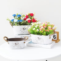 Vintage Oval Flower Pot with Rope Handle and Bird Pattern