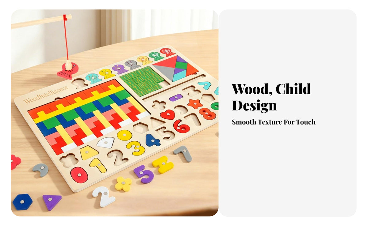 Multifunction Wooden Puzzle Activity Board Natural Wood Finish Early-Education Puzzle Board Child-Friendly Learning Toy Smooth Edges for Preschoolers, Children