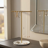 Necklace Holder with Tray Modern Minimalist Design Countertop Jewelry Organizer 2-Tier Crossbar Jewelry Stand Space-Saving