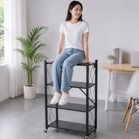 Folding Shelf Rack With Casters Wagon No Assembly Required Mobile Rack Storage Shelf Black Metal Rack