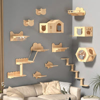 Cat Climbing Wall Activity Center, Solid Wood Playground with Bridge and Enclosed Rest Area, Space Saving Shelves for Indoor Adult Cats 30kg