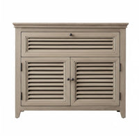 Louvered Door Console Distressed Finish Storage Cabinet French Country Design Handmade for Interior Decorators, Entryway
