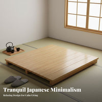 sectioned Wooden Bed Base Japanese aesthetic Bedroom Furniture Wabi-Sabi Design Mattress Foundation for Guesthouse Owners, Minimalists, woven mat Room, Balcony