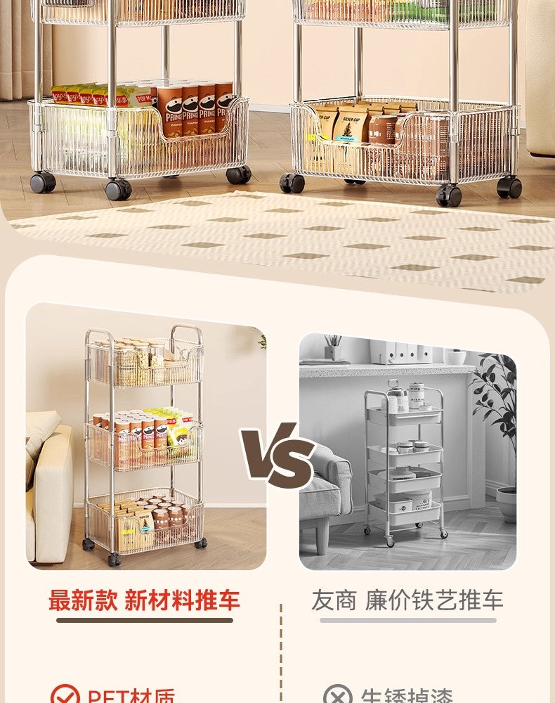 小推车落地多层收纳架客厅卧室零食置物架浴室小型多层可移动书架 加大加深❤大容量【双层透白】
