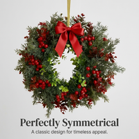 Christmas Wreath for Front Door, Artificial Christmas Wreath with Red Berries and Bow, Handmade Festive Decor for Door Wall Fireplace Mantel