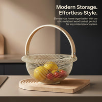Kitchen Storage Basket with Wooden Handle for Fruits and Eggs, Metal Wire Frame with Rolled Edge Design, Hanging for Cupboards