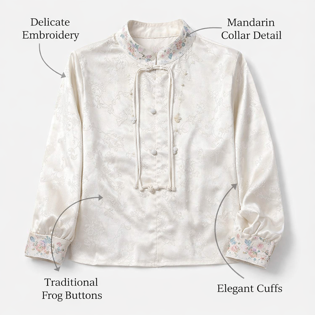 Grandad Shirt for Women with Frog Button Closure and Loose Fit, Vintage Chinese Style Long Sleeve Blouse for Spring Autumn Casual Wear