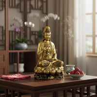 Peace Blessing Guanyin Statue Gold Finish Golden Guanyin Figurine Ornate Details Lotus Base Buddha Statue Traditional Chinese Design for Buddhist Believers, Office Desk