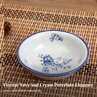 Navy & Cream Porcelain Bowl Plate Set, Retro Chinese Ceramic Tableware, Sturdy