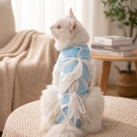 Cat Recovery Suit with Ties, Breathable Anti-Licking Cat Suit for Post Surgery Cat Clothes, Crew Neck Sleeveless Spay Neuter General Use, Blue