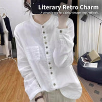 Shirts for Women UK Linen Blend with Stand Design, Summer Tops Loose Fit Casual Blouse, Long Sleeve Vintage Patchwork