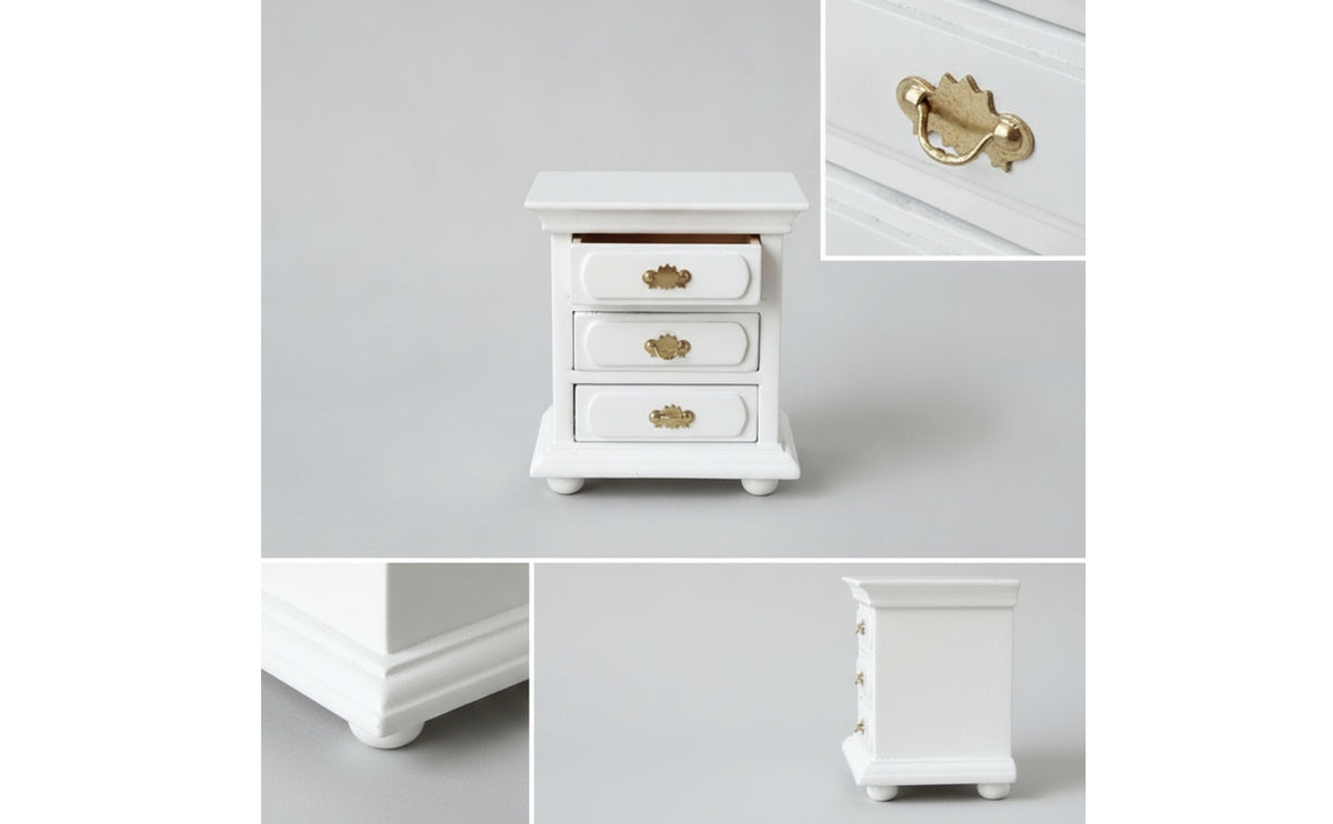 Dollhouse Bedside Table Three-Drawer Miniature Bedside Cabinet White Furniture for DIY Hobbyists