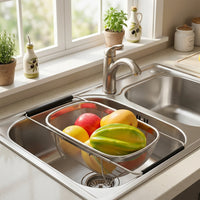 Square Drain Basket Kitchen Sink Drainer, Stainless Steel Sink Rack with Rectangular Holes, Retractable Drainer for Vegetable Washing Storage