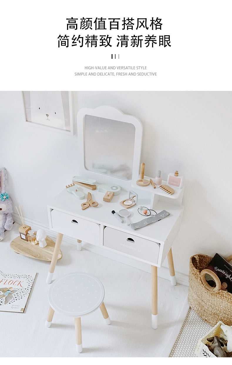 Multifunctional Simulation Dressing Table Baby Pretend Play Set Girl Makeup Nail Game Children Wooden Toy
