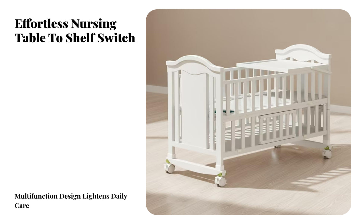 White Wooden Baby Crib Wheeled Crib on Wheels Mattress Included Nursery Bed Curved