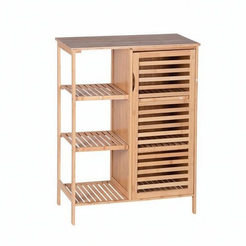Storage Unit with Slatted Shelves Compact Bamboo Cabinet Easy to Clean Freestanding Floor Cabinet for Washroom
