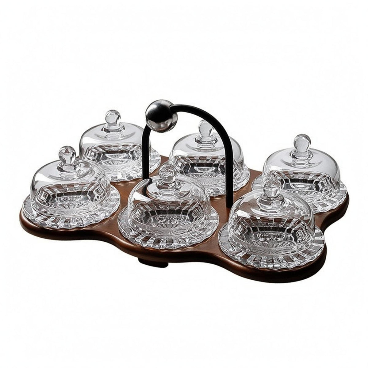 Wooden Dessert Serving Tray Carrying Handle Glass Dessert Cup Set Transparent Lid Glass Lid Holder