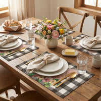 Set of 4 Easter Placemats, Heat Resistant Linen Table Mats with Rustic Buffalo Check & Bunny Design, Washable Dining Room Mats for Spring Party Kitchen Home Decoration