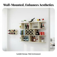 Modern Design Wall Mounted Wine Rack Space-Saving Geometric Grid Wine Shelf Multi-Functional Floating Bar Shelf with Glass Holder Heavy Duty for Home Entertainers, Homeowners, Adults, Dining Room, Restaurant, Kitchen
