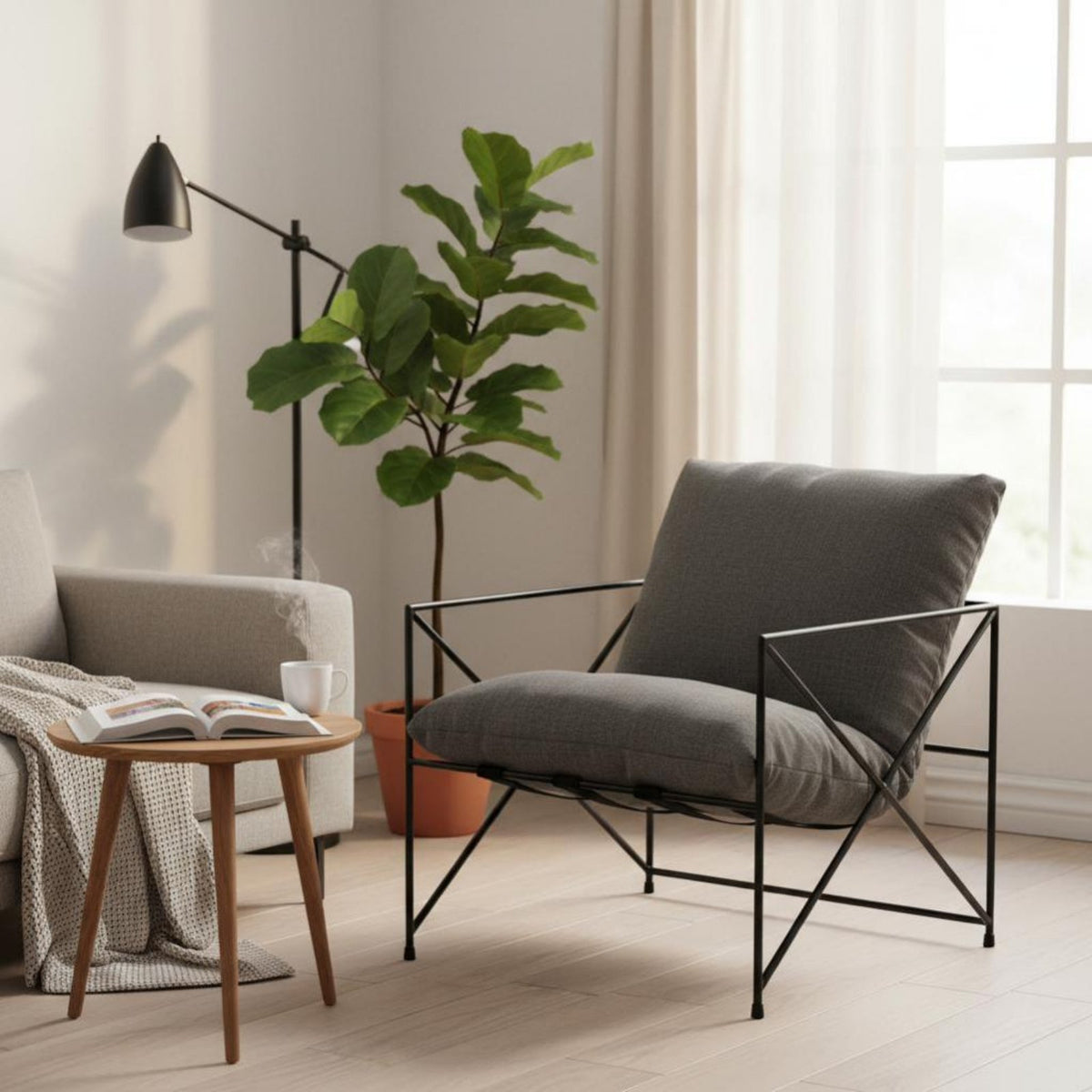 Nordic design seat paded Metal Frame Armchair Minimalist Design Accent Chair Removable and cleanable Cover Indoor Furniture Sturdy Construction for Cafe Owners, Interior Designers, Living Room, Small Apartment, Bedroom, perusing reading corner