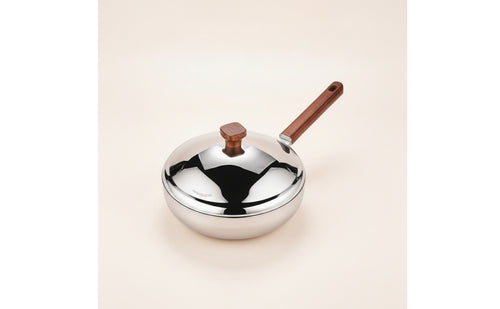 316L Stainless Steel Pot with Lid Mirror Polished Stainless Steel Pan with Wooden Handle Durable Single Handled Cooking Pan Rust-Proof for Home Cooks, Gas Stoves