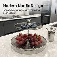 Glass Serving Stand, Tiered Stand for Dessert, Smoky Grey Serving Platter Stand, Luxury Bear Decorative Table Centerpiece