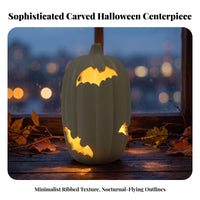 Flat White Pumpkin with Nocturnal Mammal | Compact 15cm Height, Light-up Pumpkin, for Table