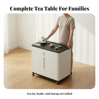 Mobile Tea Trolley with Water Heating System and Rolling Serving Cart Built-in Storage Cabinet Drainage Tray Suitable for Hosts Living Room Balcony