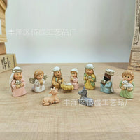 11-Piece Cartoon Nativity Scene Resin Craft Set with Tree and Stable