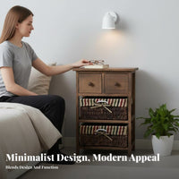 Drawer Nightstand Rattan Design 2-Drawer Woven Front End Table sturdy Wood Frame Curved Edges for Apartment Dwellers, Students