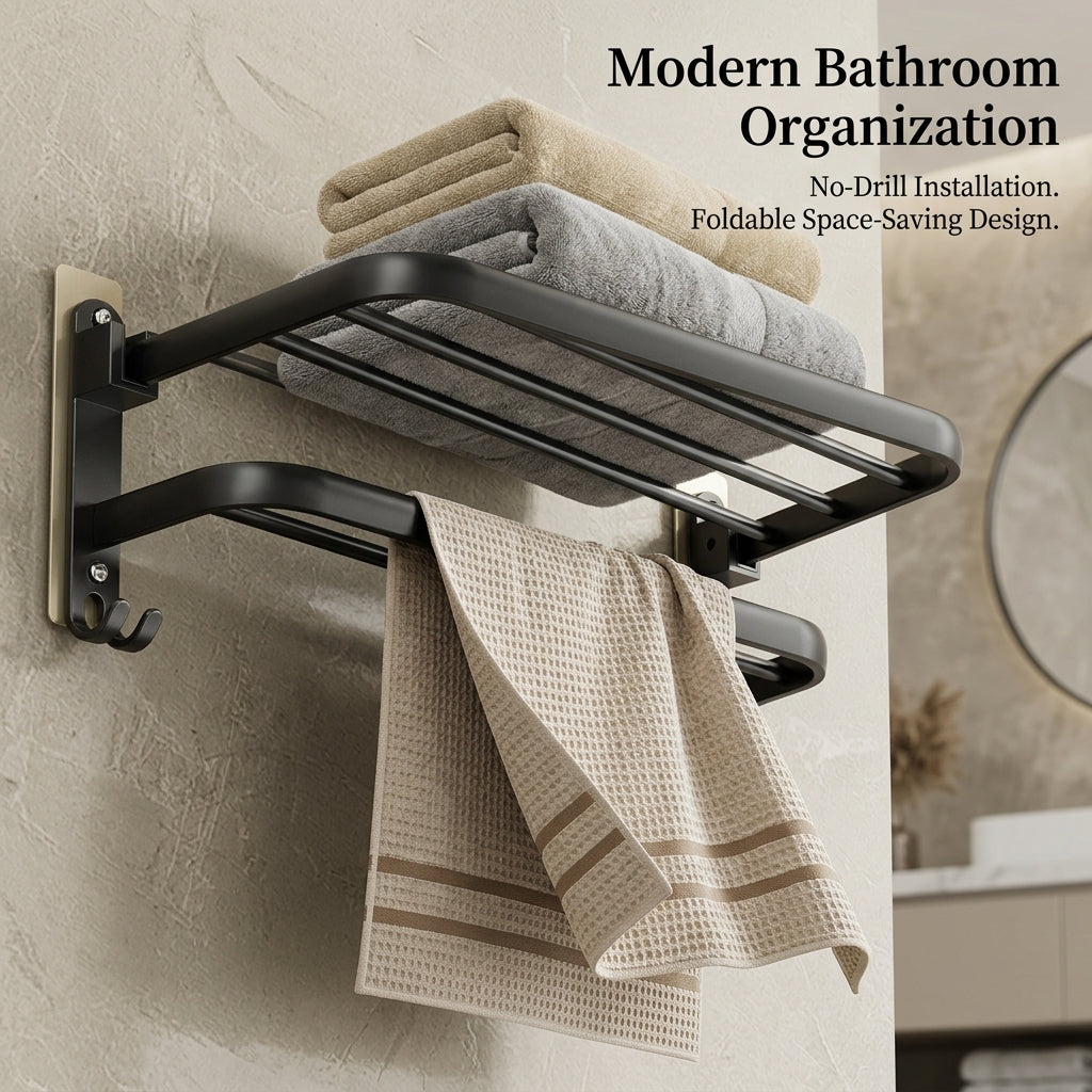 Sink and Washroom Wall-Mounted Rack for Homeowners, Foldable Space Aluminum Bath Towel Holder with No-Drill Mount
