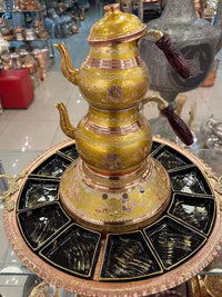 代购土耳其进口纯手工打造紫铜茶壶子母壶带暖炉大托盘小吃碟全套