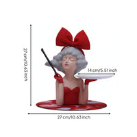 Attracting Tray Statue Red Girl Figurine with Tray Cloud Pattern Base