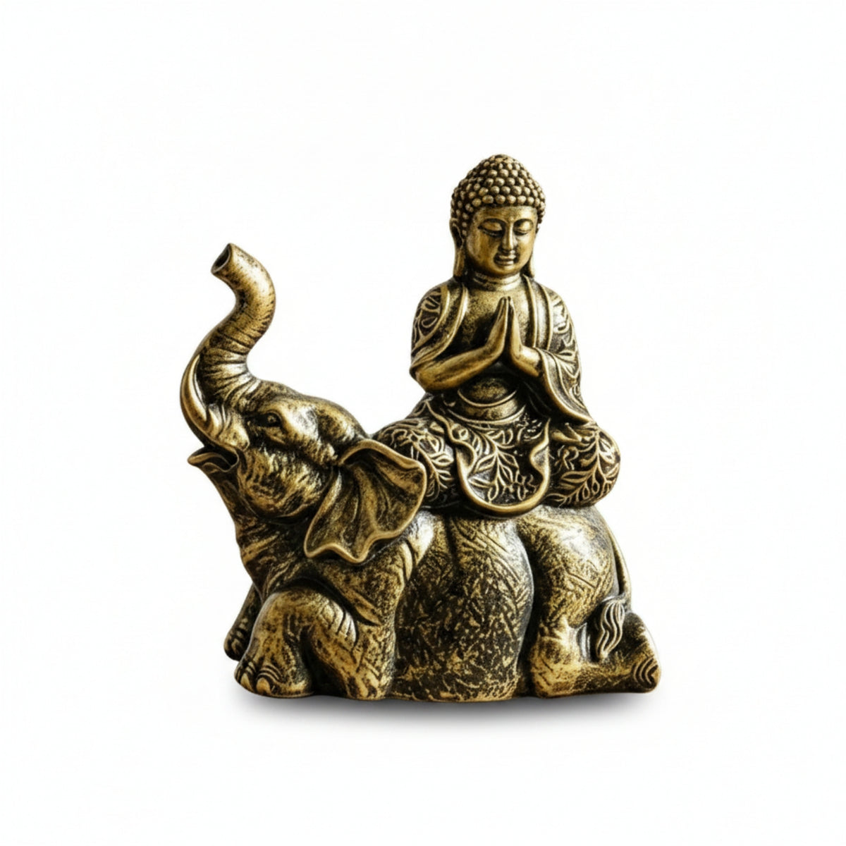 Seated Buddha Elephant Figurine Antique Finish Home Decor Carved Look