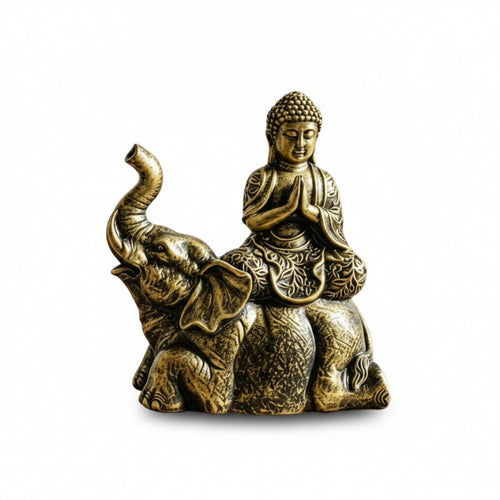 Seated Buddha Elephant Figurine Antique Finish Home Decor Carved Look