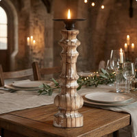 Wood Pillar Candle Stand Distressed Finish Rustic Wooden Candle Holder Vintage Wooden Candlestick Black Metal