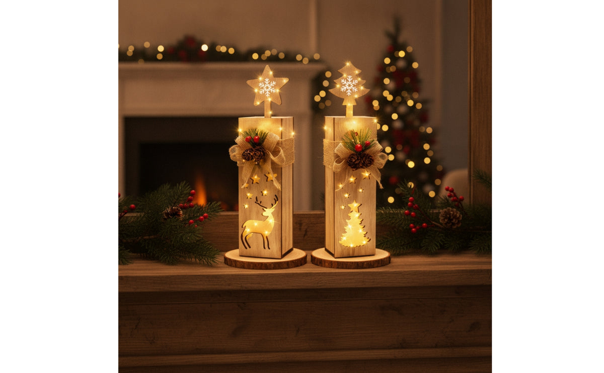 2 Pieces Rustic Wooden Christmas Light Warm-Glowing Christmas Light with Star Topper Lighted Table Decoration Decorative for Tabletop, Mantel