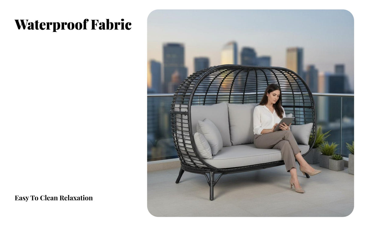 Weather-Resistant Canopied Birdcage Sofa two-personPerson Outdoor Furniture Enclosed weather shield enclosure Chair UV Protection for two people, vacation property Owners, Homeowners, Balcony, Garden, rearyard, waterside