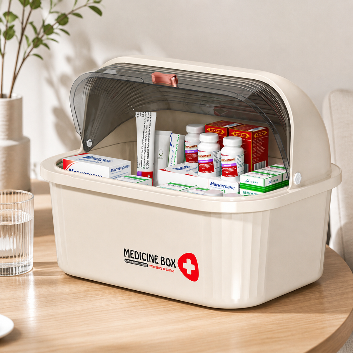 Pill organizer with multiple compartments, medication box 1L, portable medication storage made of PP, cream/transparent