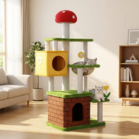 Cat Villa Mushroom Castle Kitten Tree with 4 Scratching Posts, Multi-Level Indoor House and Bed Activity Center for Medium Cats Multi Playground