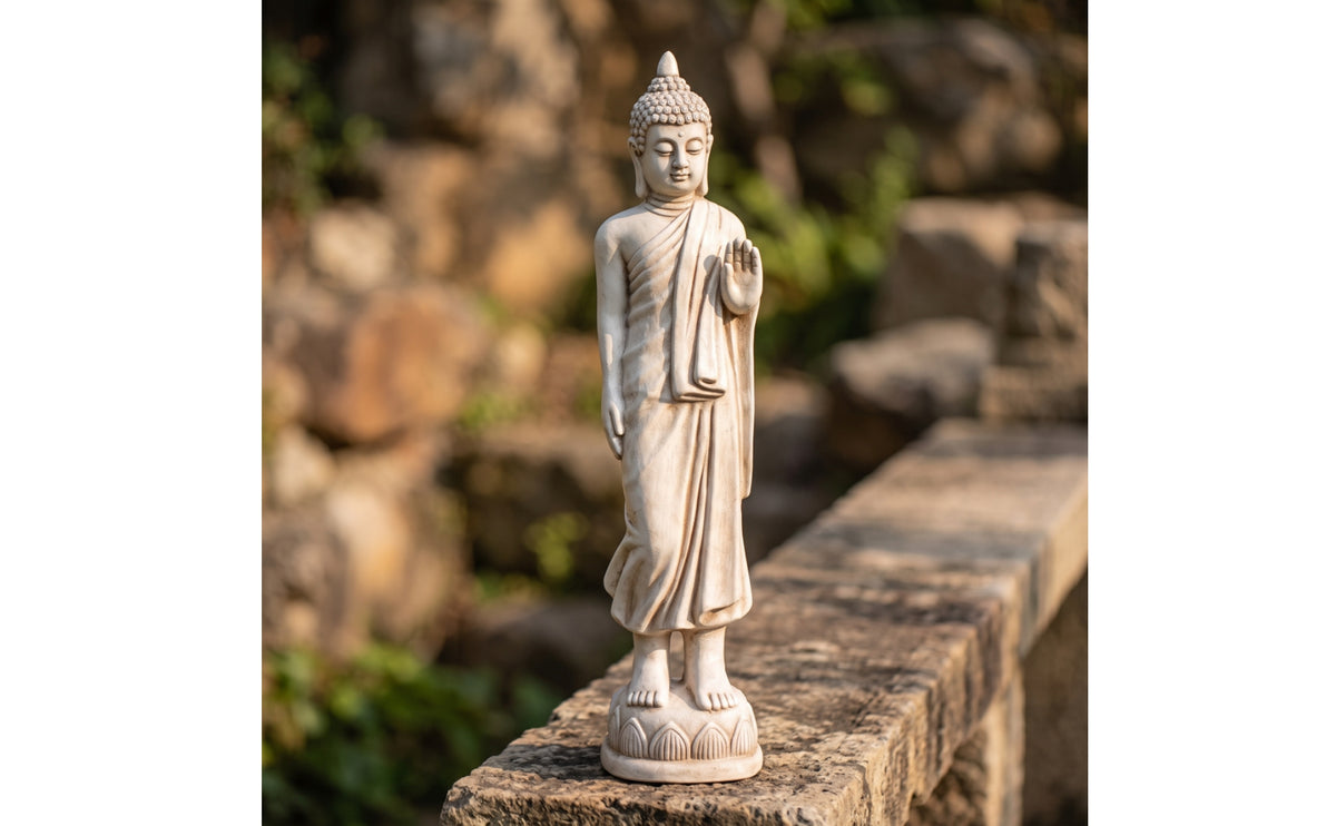Antique-Style Standing Buddha Statue Textured Buddha Statue with Lotus Pedestal Tall Standing Resin Figurine Sculptural for Buddhists, Practitioners, Meditation Corner, Tea Room, Courtyard, Temple
